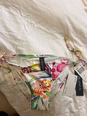NWT La Blanca White Floral Tie-Side Bikini Bottom with Multicolor Tropical Print